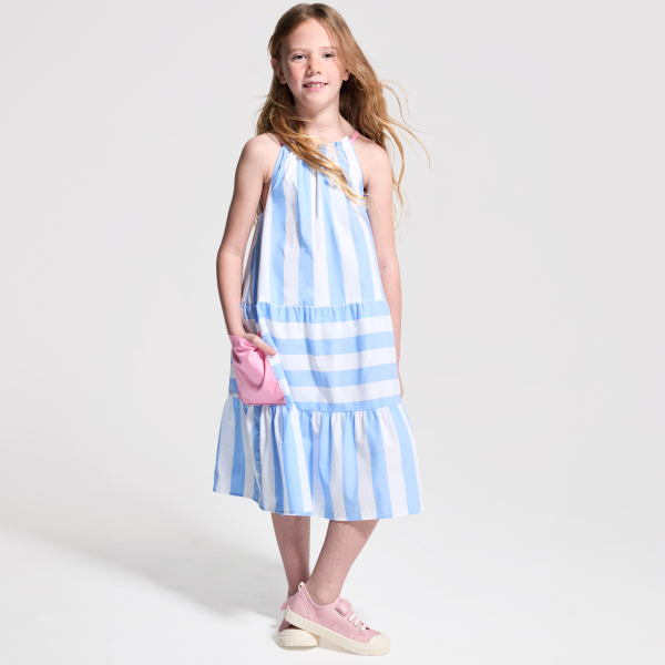 فستان مقلم من قماش البوبلين بحمالات أزرق اللون للفتيات